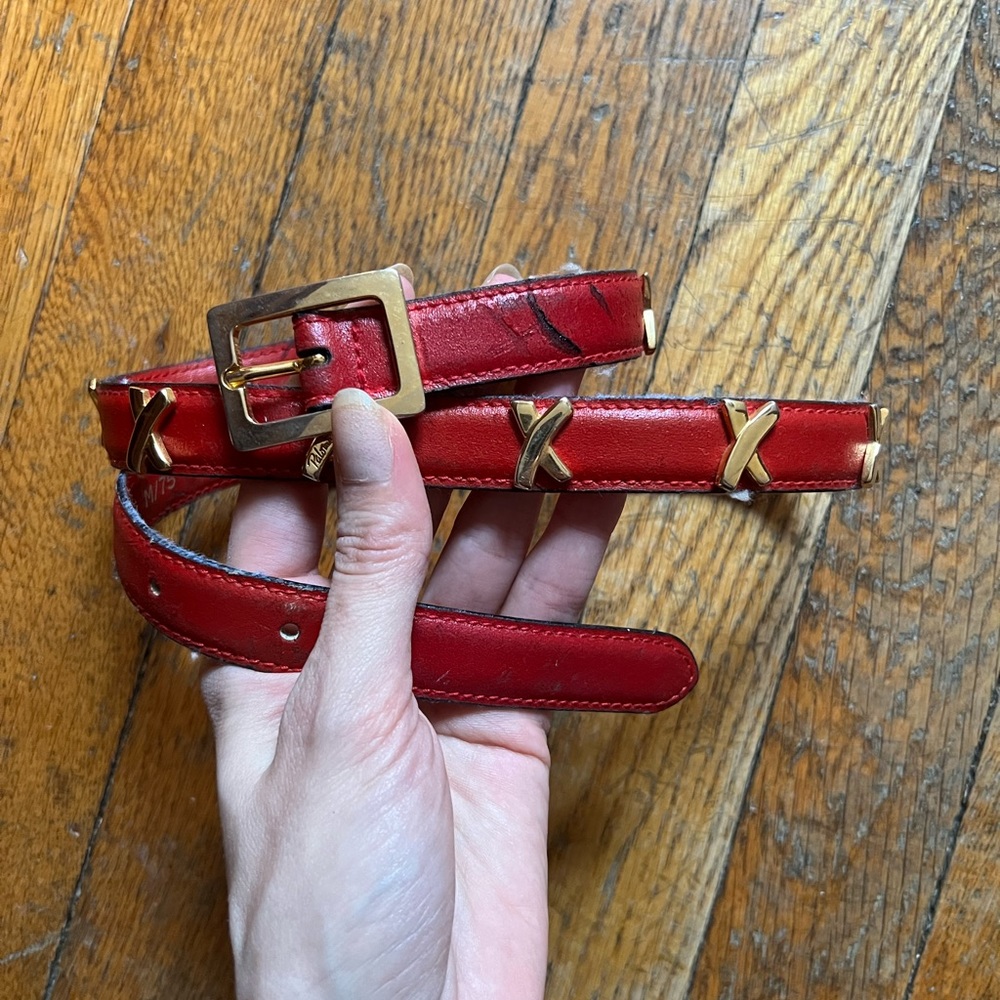 Vintage red leather belt with gold details